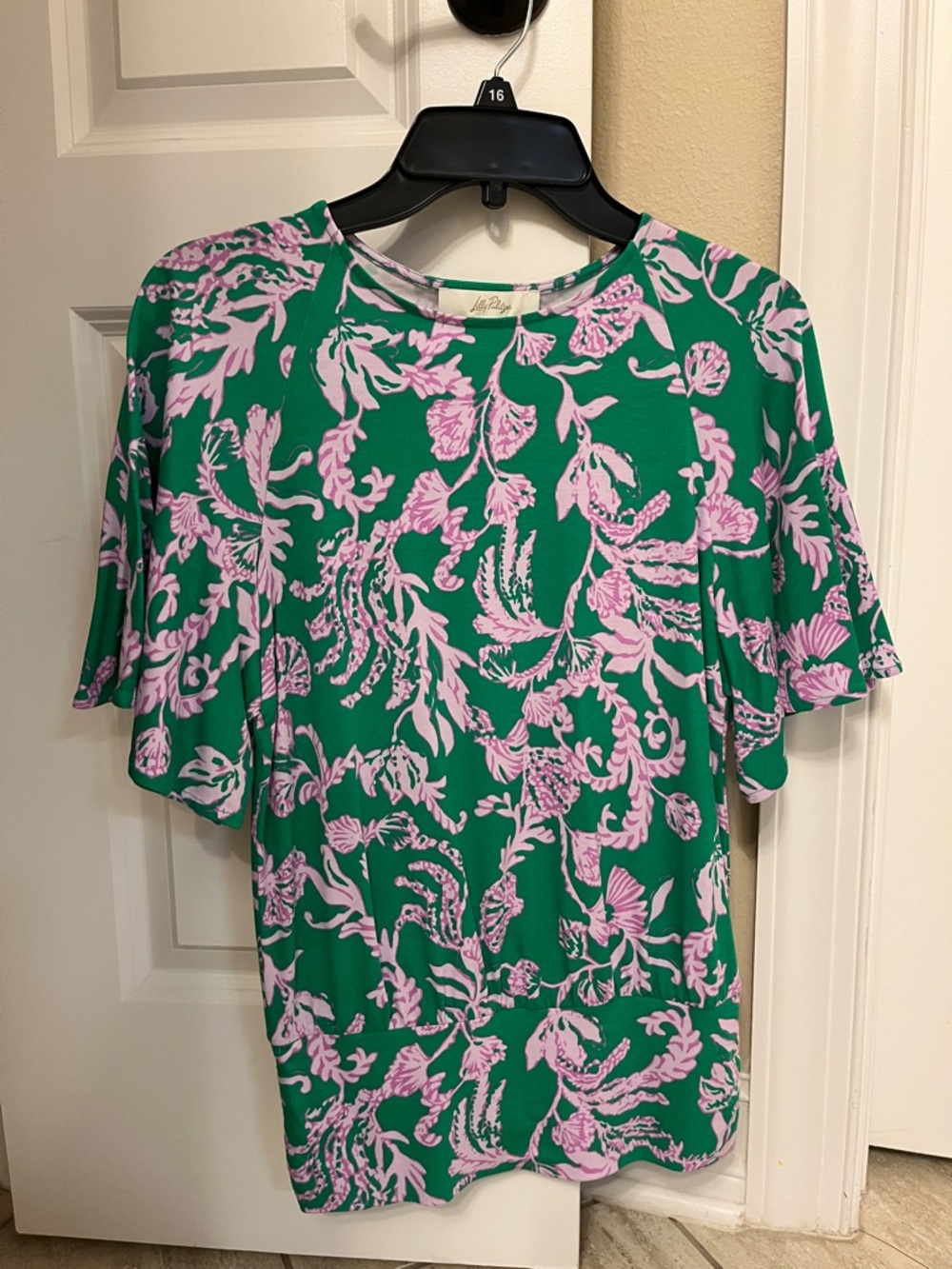 NWT Lilly Pulitzer Green and Purple Floral Flutter-Sleeve Tee